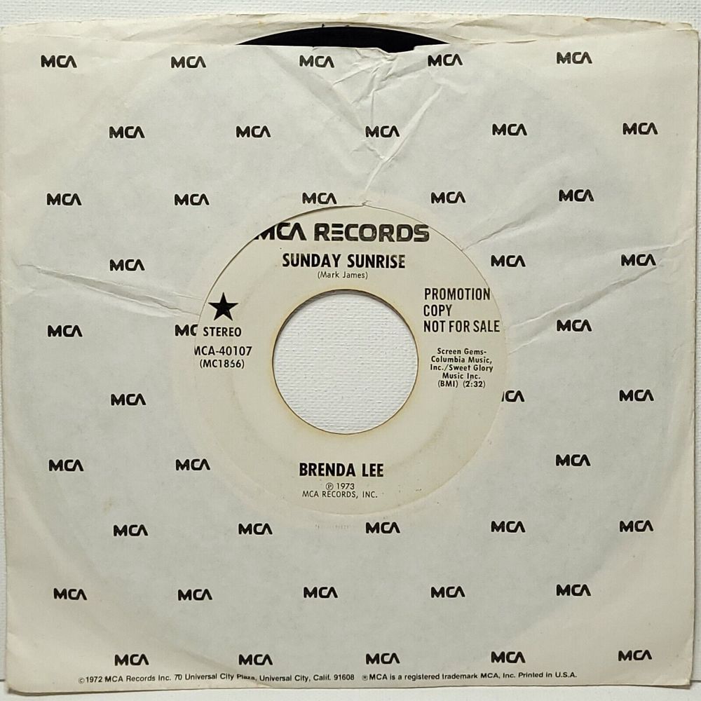 Brenda Lee Promo Vinyl 45 Sunday Sunrise (Stereo) / Mono on MCA VG Country